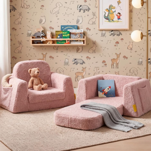 Wide Foam Kids' Sofa Chair – Multifunctional Foldable Sofa Bed – Soft Velour Reading Chair – Stable & Comfortable Design – Suitable for Kids' Rooms – Pink